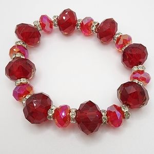 Ruby and Pink Tone Glass Bead Stretch Bracelet
